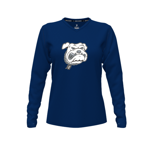 [CUS-DFW-TEES-CMF-VNK-LSL-NVY-FYXS-LOGO1] Decker Comfort T-Shirt (Female Youth XS, Navy, V Neck, Logo 1, Long Sleeve)