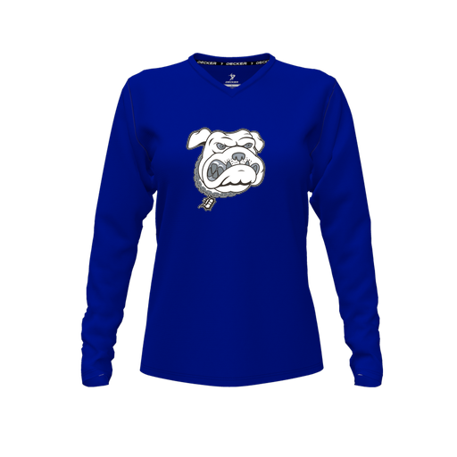 [CUS-DFW-TEES-CMF-VNK-LSL-RYL-FYXS-LOGO1] Decker Comfort T-Shirt (Female Youth XS, Royal, V Neck, Logo 1, Long Sleeve)