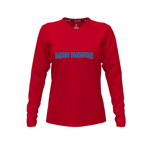 [CUS-DFW-TEES-CMF-VNK-LSL-RED-FYXS-LOGO3] Decker Comfort T-Shirt (Female Youth XS, Red, V Neck, Logo 3, Long Sleeve)