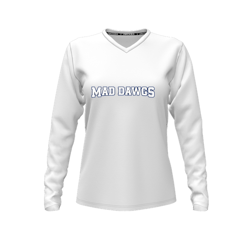 [CUS-DFW-TEES-PER-VNK-LSL-WHT-FYXS-LOGO2] Decker Performance T-Shirt (Female Youth XS, White, V Neck, Logo 2, Long Sleeve)