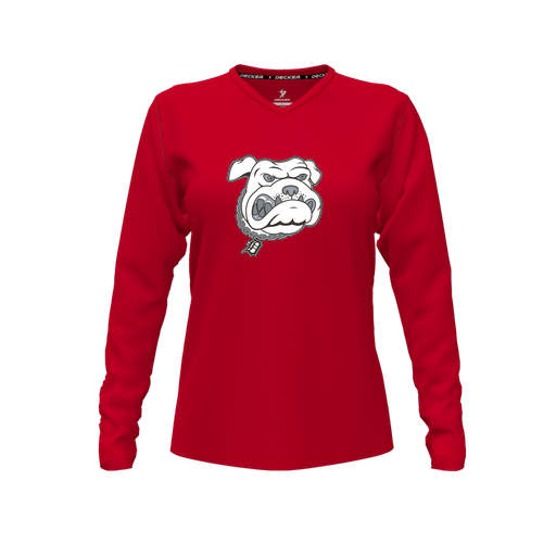 [CUS-DFW-TEES-PER-VNK-LSL-RED-FYXS-LOGO1] Decker Performance T-Shirt (Female Youth XS, Red, V Neck, Logo 1, Long Sleeve)